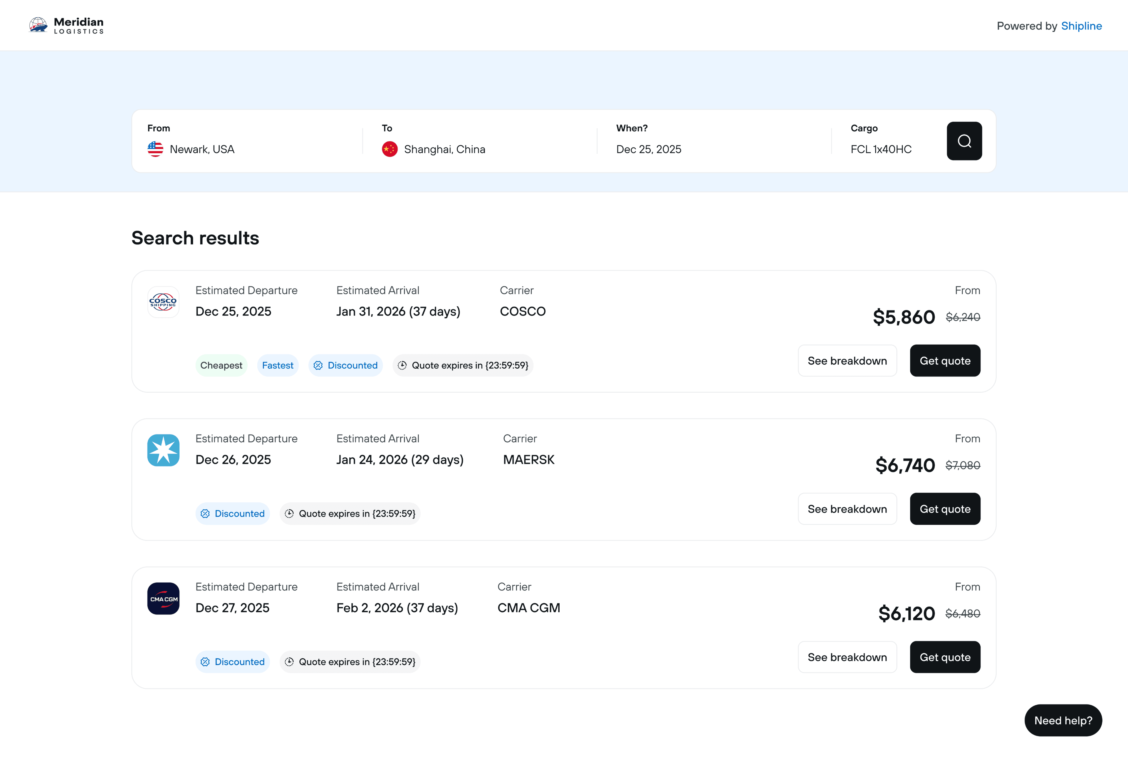 Freight quotation search results